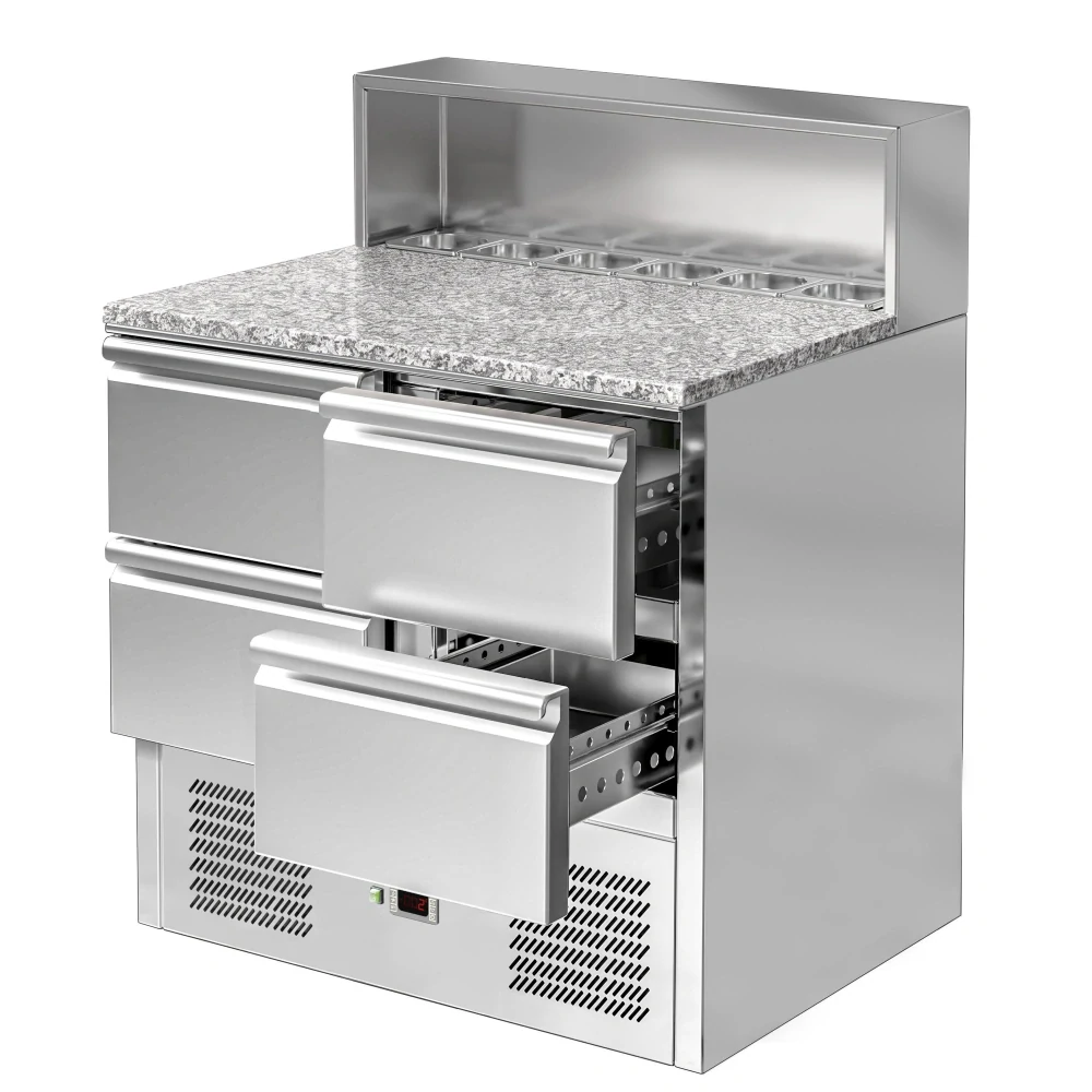 Saladeta ECO - 903 mm - 4 zásuvky - s nerezovým krytem pro 5x GN 1/6 - žulová pracovní deska - černá přední strana