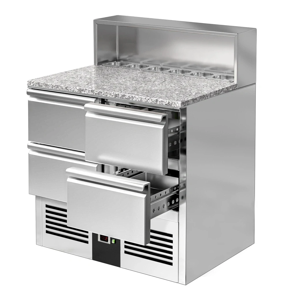 ** Obrázek se může mírně lišit od originálu. Saladeta PREMIUM - 903 mm - 4 zásuvky - s nerezovým krytem pro 5x GN 1/6 - žulová pracovní deska - pro CZ