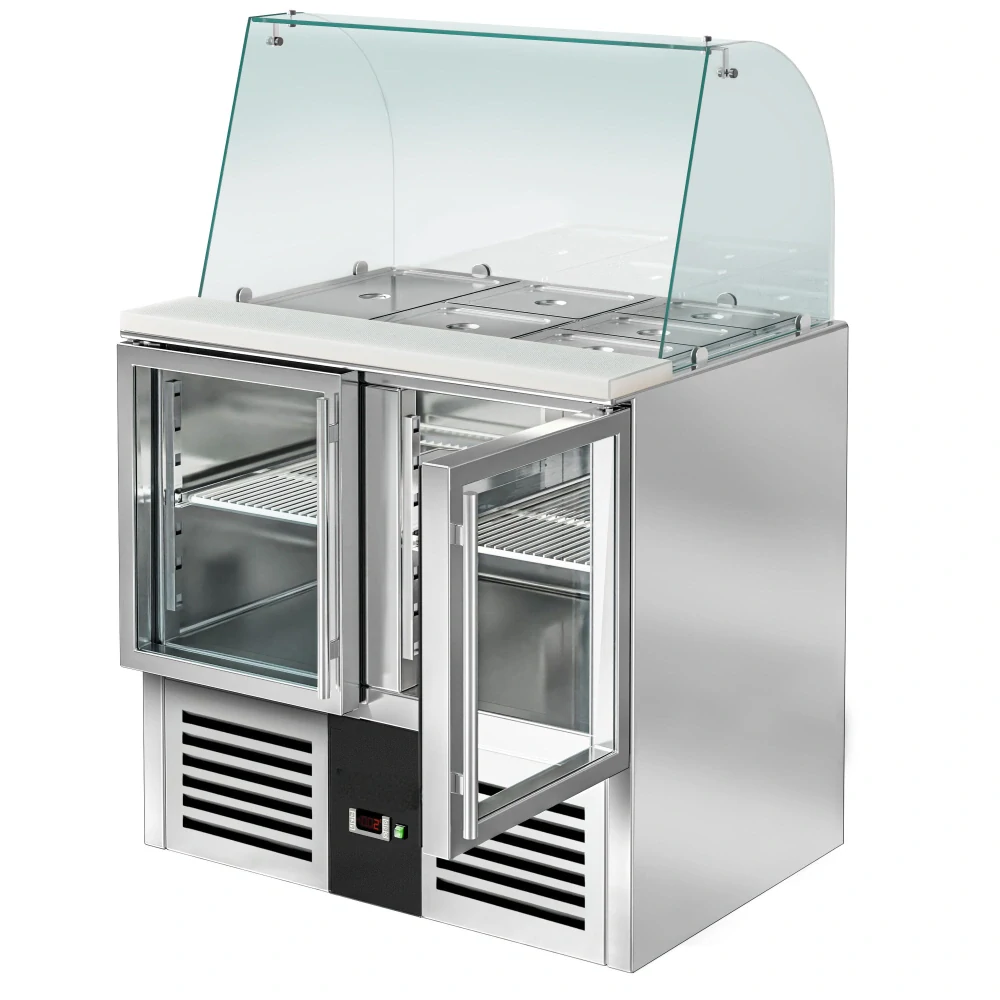Saladeta PREMIUM - 900 mm - 288 l - 2 skleněné dveře - se skleněným nástavcem pro 2x GN 1/1 & 3x GN 1/6
