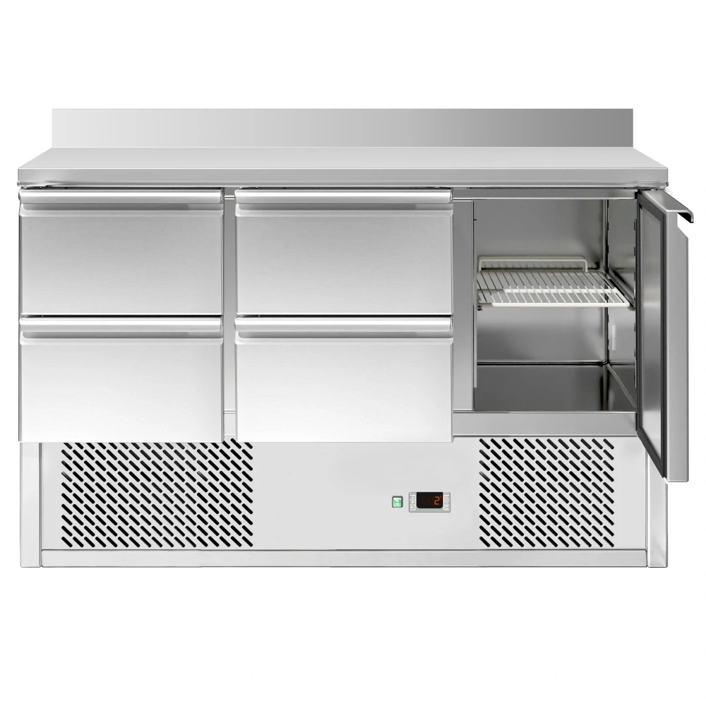 Chladicí stůl ECO - 1370x700 mm - s 1 dveřmi - 4 zásuvkami - se zadní lištou
