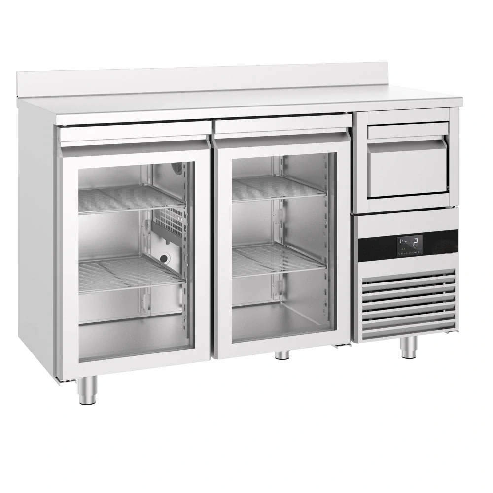 Barový chladicí stůl PREMIUM - 1580x600 mm - se 2 skleněnými dveřmi, zadní lištou & odklepávačem na kávu
