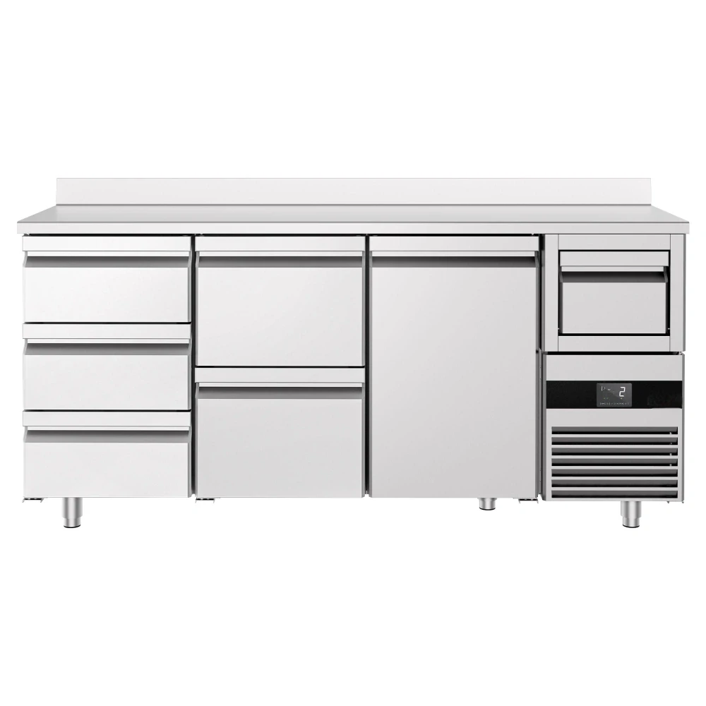 Barový chladicí stůl PREMIUM - 2130x600 mm - s 1 dveřmi, 5 zásuvkami, zadní lištou & odklepávačem na kávu