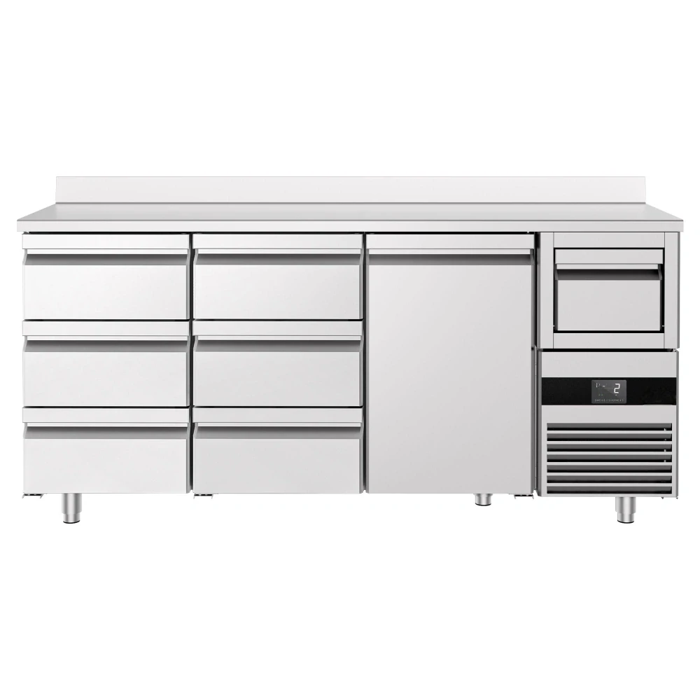 Barový chladicí stůl PREMIUM - 2130x600 mm - s 1 dveřmi, 6 zásuvkami, zadní lištou & odklepávačem na kávu