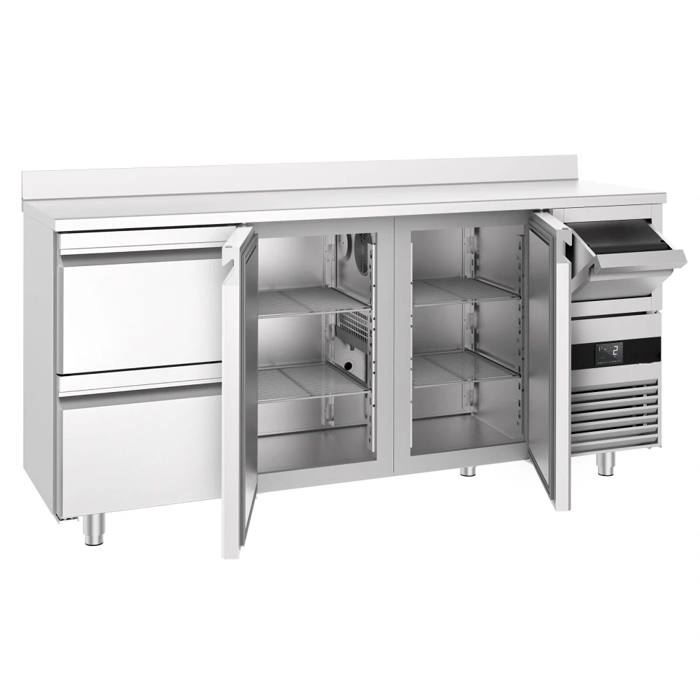 Barový chladicí stůl PREMIUM - 2130x600 mm - se 2 dveřmi, 2 zásuvkami, zadní lištou & odklepávačem na kávu