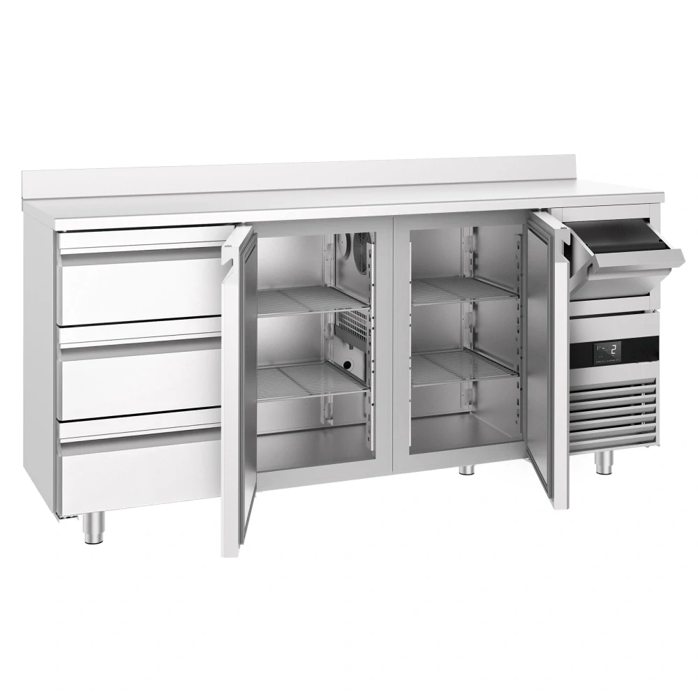 Barový chladicí stůl PREMIUM - 2135x600 mm - se 2 dveřmi, 3 zásuvkami, zadní lištou & vyklepávačem na kávu