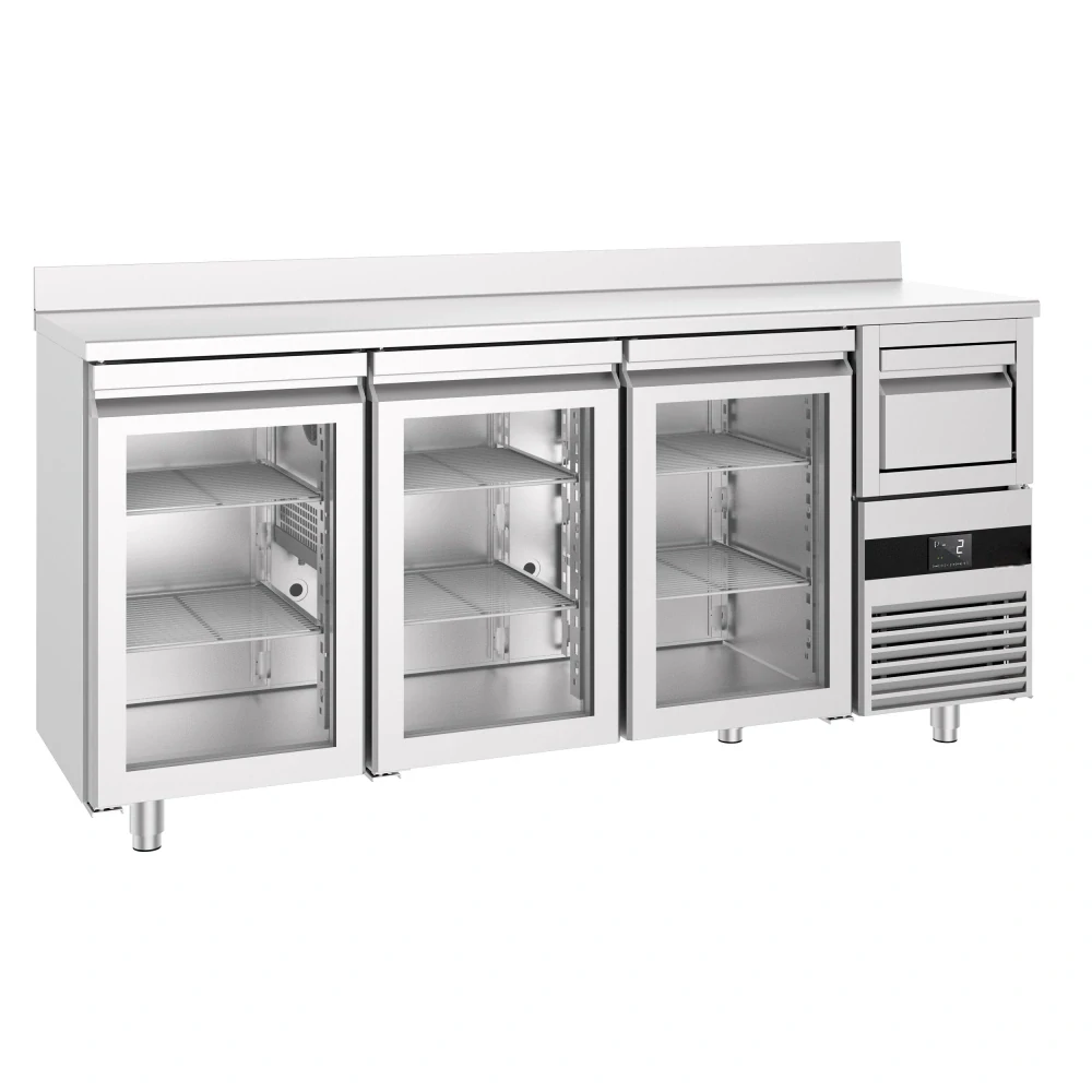 Barový chladicí stůl PREMIUM - 2135x600 mm - se 3 dveřmi, zadní lištou & odklepávačem na kávu