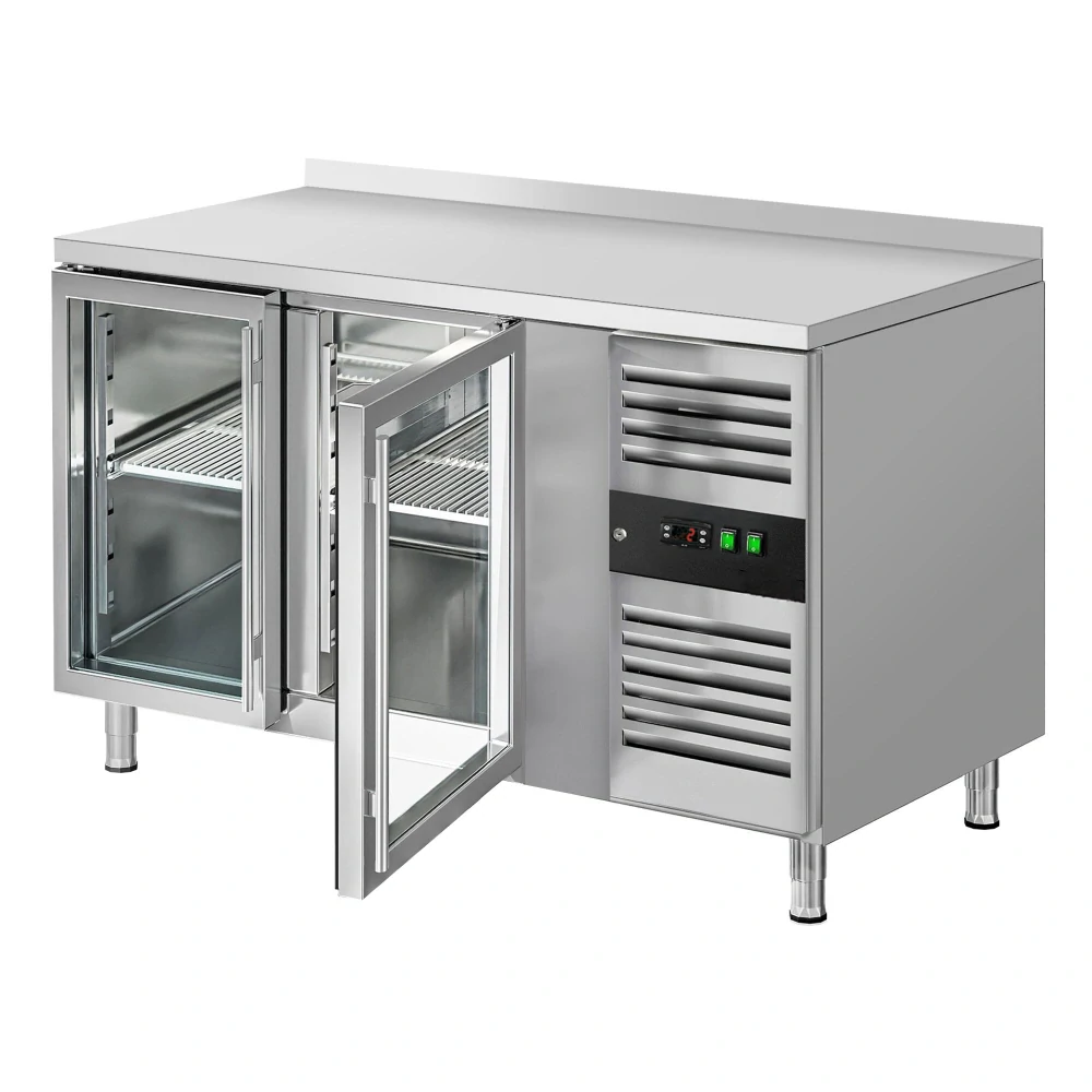 Chladicí stůl ECO - 1360x700 mm - s 2 skleněnými dveřmi - se zadní lištou