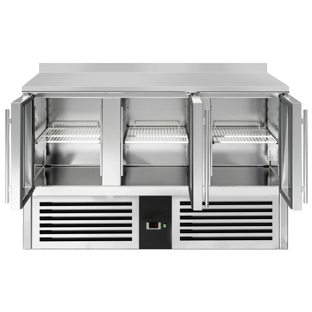 Chladicí stůl PREMIUM - 1370x700 mm - 3 skleněné dveře - zadní lišta