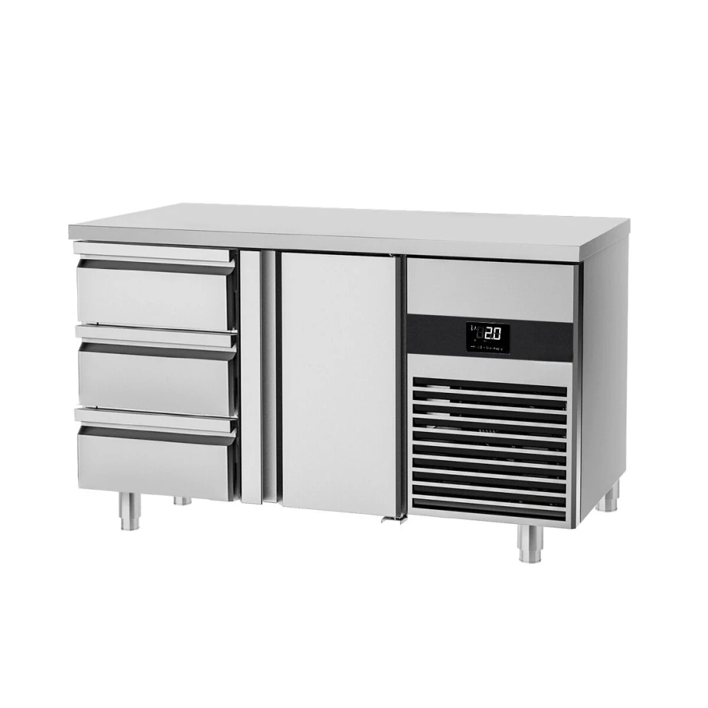 Chladicí stůl PREMIUM - 1400x700 mm - 1 dveře - 3 zásuvky - vč. červené krájecí desky