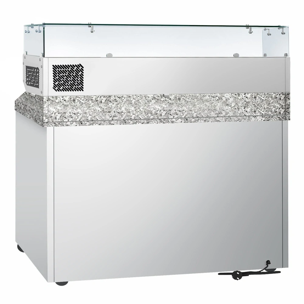 Chladicí stůl na pizzu ECO - 1400x700 mm - se 3 dveřmi - se žulovou pracovní deskou - vč. chladicí nástavbové vitríny - 6x GN 1/4