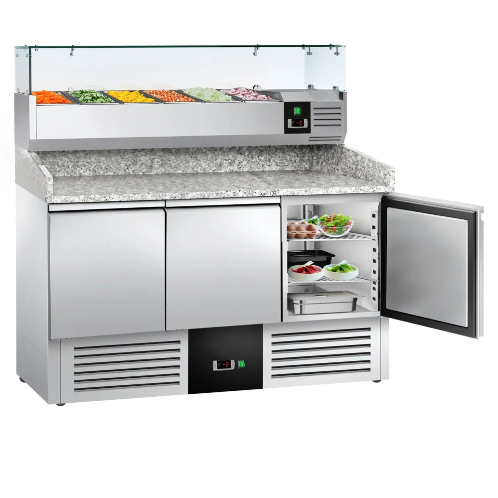 Chladicí stůl na pizzu PREMIUM - 1400x700 mm - se 3 dveřmi - vč. chladicí nástavbové vitríny - 6x GN 1/4 - se žulovou pracovní deskou