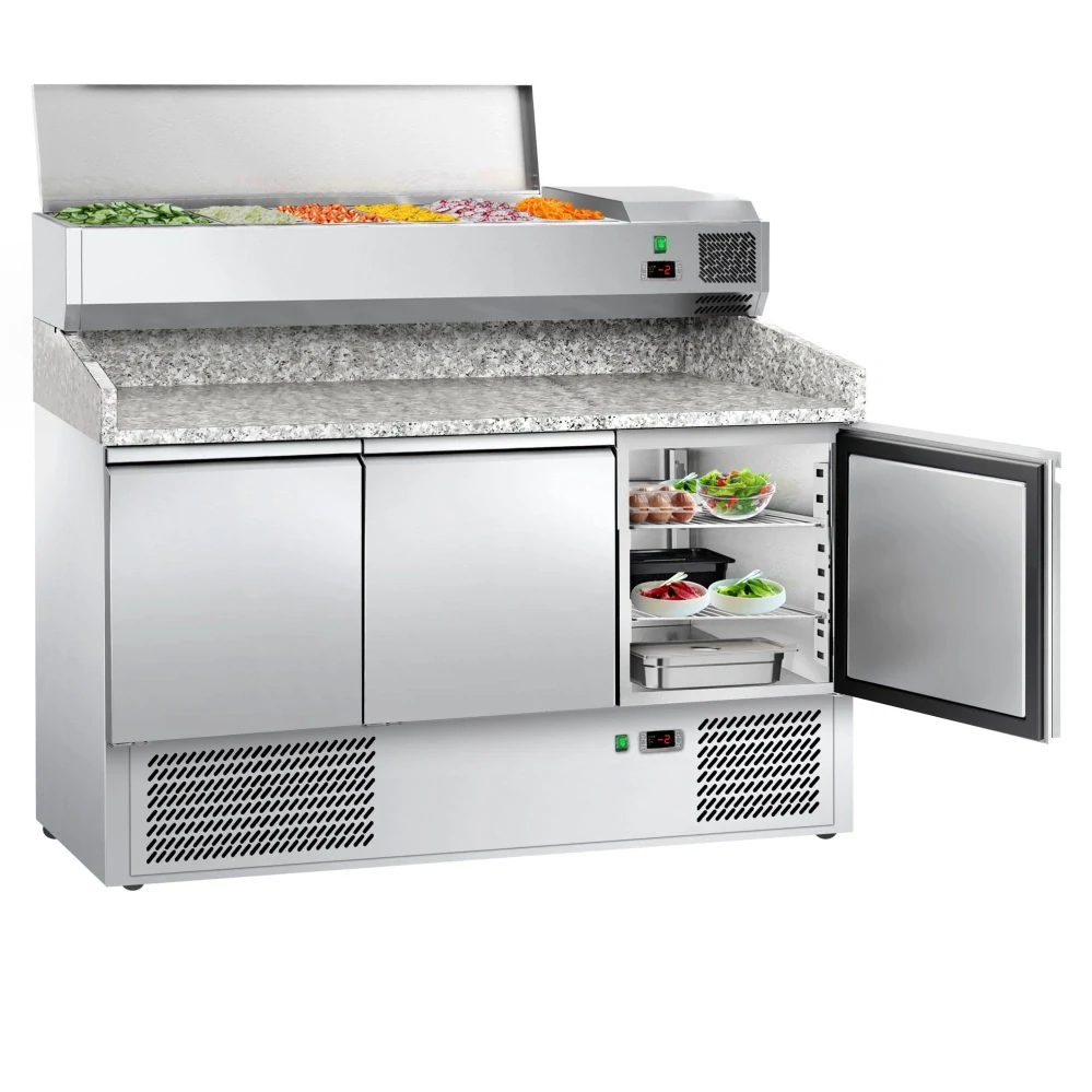 Chladicí stůl na pizzu ECO - 1400x700 mm - se 3 dveřmi - se žulovou pracovní deskou - vč. chladicí nástavbové vitríny - 6x GN 1/4