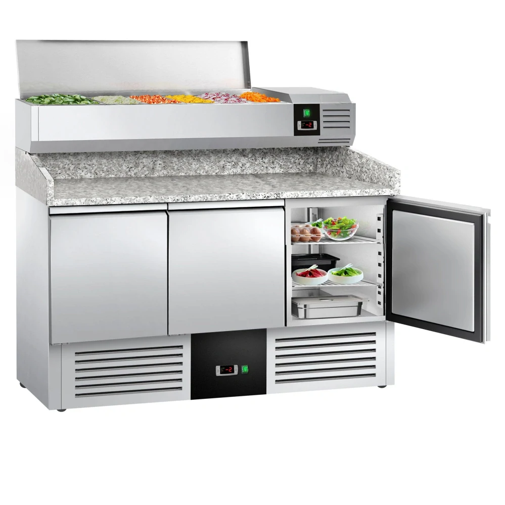 Chladicí stůl na pizzu PREMIUM - 1400x700 mm - se 3 dveřmi - se žulovou pracovní deskou - vč. chladicí nástavbové vitríny - 6x GN 1/4