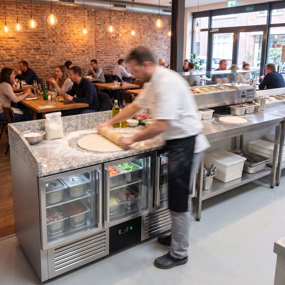 Chladicí stůl na pizzu PREMIUM - 1400x700 mm - se 3 dveřmi - se žulovou pracovní deskou