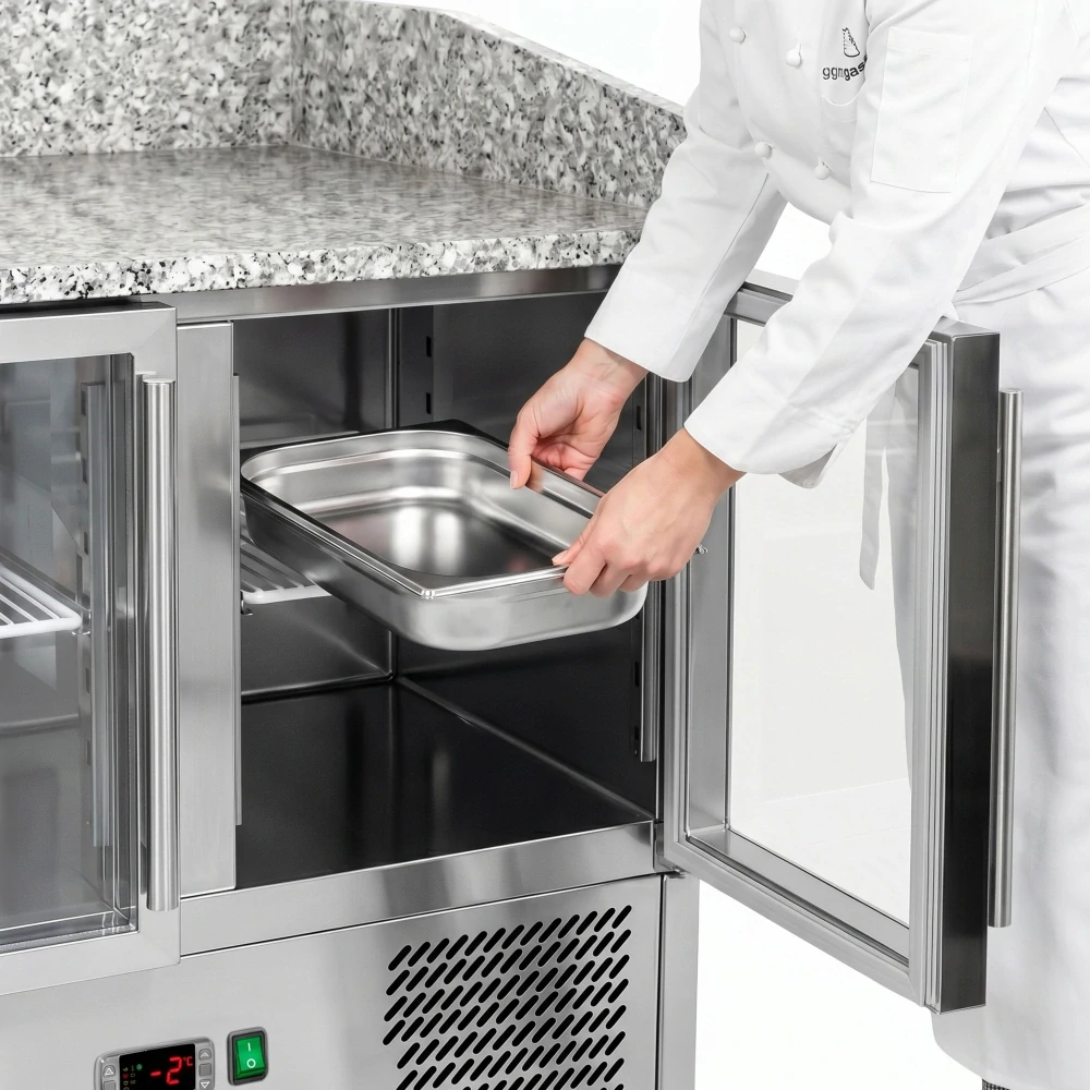 Chladicí stůl na pizzu ECO - 1400x700 mm - se 3 dveřmi - se žulovou pracovní deskou - vč. chladicí nástavbové vitríny - 6x GN 1/4 - se skleněným krytem