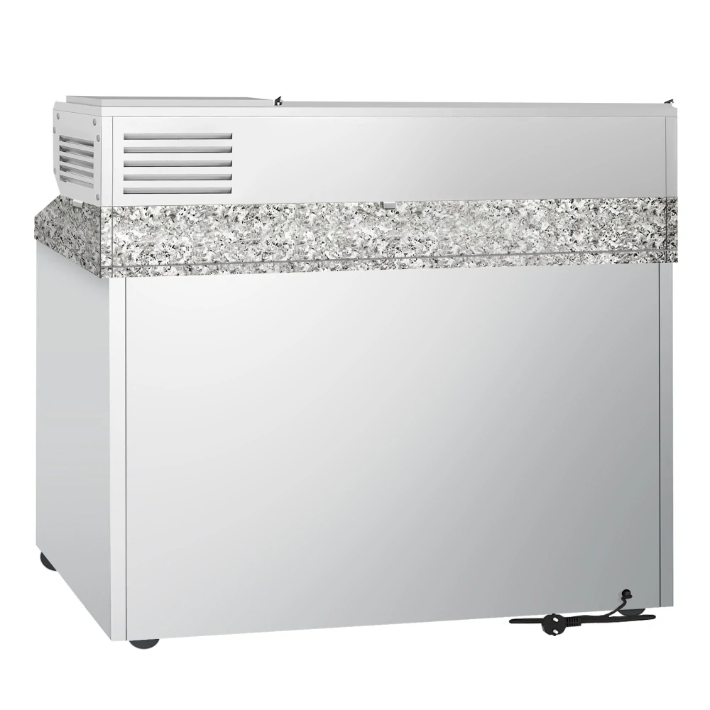 Chladicí stůl na pizzu PREMIUM - 1400x700 mm - se 3 dveřmi - se žulovou pracovní deskou - vč. chladicí nástavbové vitríny - 6x GN 1/4