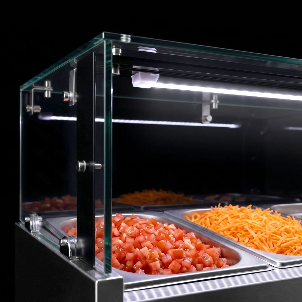 Chladicí stůl na pizzu ECO - 1400x700 mm - se 3 dveřmi - vč. chladicí nástavbové vitríny s LED osvětlením - 6x GN 1/4 - se žulovou pracovní deskou