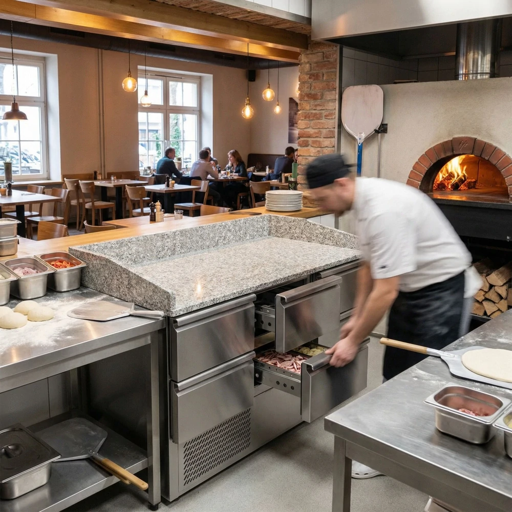 Chladicí stůl na pizzu ECO - 1400x700 mm - se 3 dveřmi a 6 zásuvkami - se žulovou pracovní deskou
