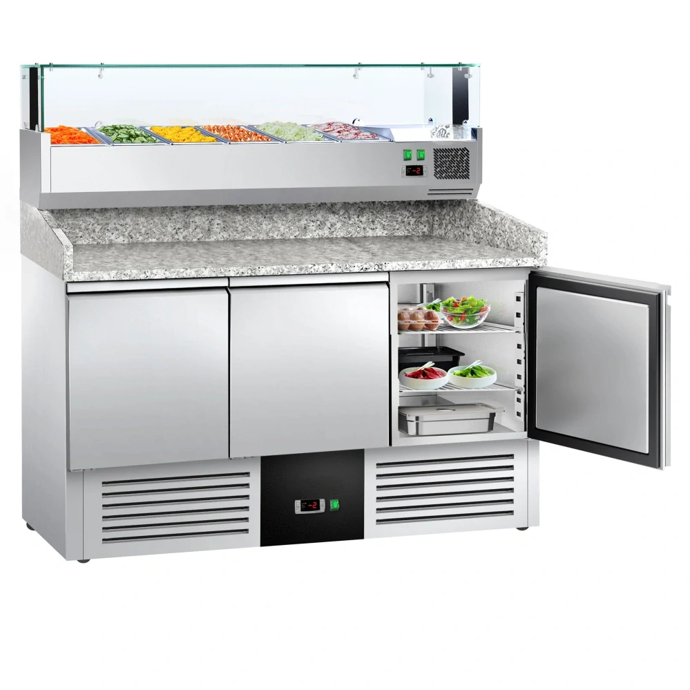Chladicí stůl na pizzu PREMIUM - 1400x700 mm - se 3 dveřmi - se žulovou pracovní deskou - vč. chladicí nástavbové vitríny s LED osvětlením - 6x GN 1/4