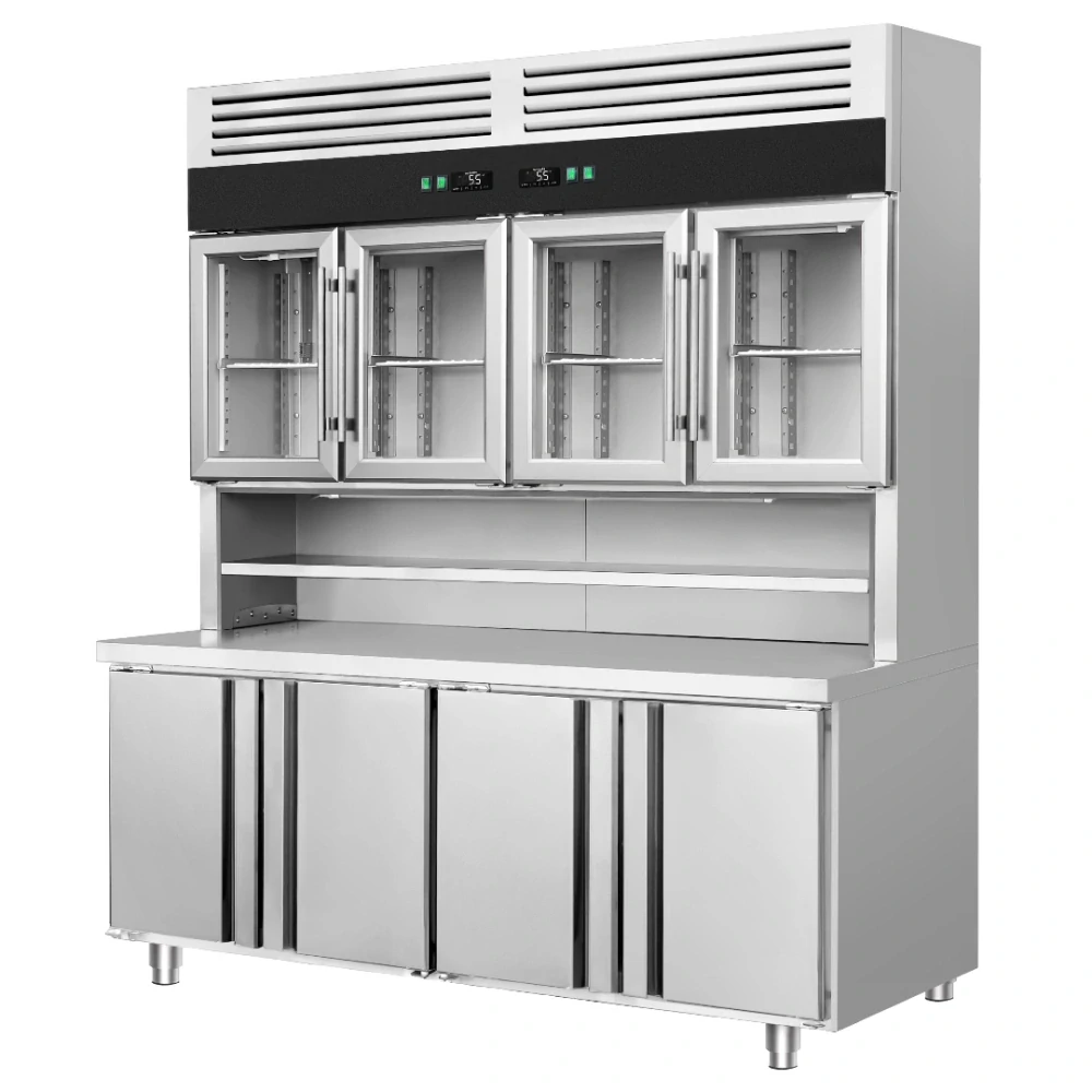 Chladicí stůl s přístěnným chladicím regálem - 1800x800x2100 mm - Dvojité zasklení - s 4 skleněnými dveřmi - s 4 dveřmi - pracovní deska