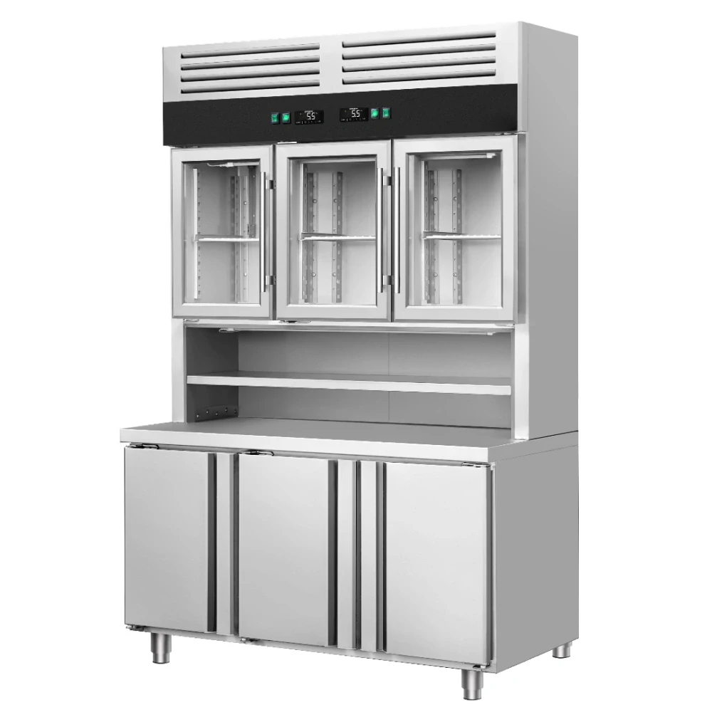 Přístěnný chladicí regál s chladicím stolem - 1350x700x2100 mm - 455 l - Dvojité zasklení - s 3 skleněnými dveřmi - s 3 dveřmi - pracovní deska