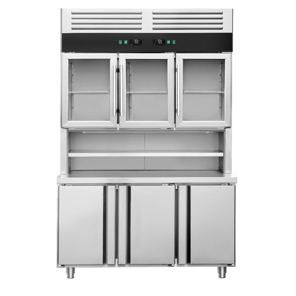 Chladicí stůl s přístěnným chladicím regálem - 1350x800x2100 mm - 520 l - s 3 skleněnými dveřmi - s 3 dveřmi - Dvojité zasklení - pracovní deska