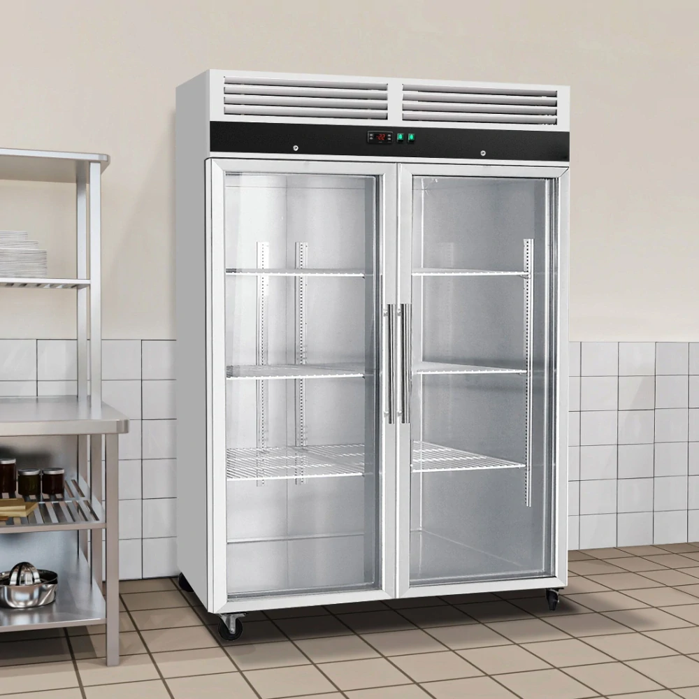 Nerezová mrazicí skříň ECO - GN 2/1 - 1480 mm - 864 l - až -22 °C - s 2 skleněné dveře - Digitální termostat; Vyhřívaný rám; Ventilované chlazení; Automatické odmrazování
