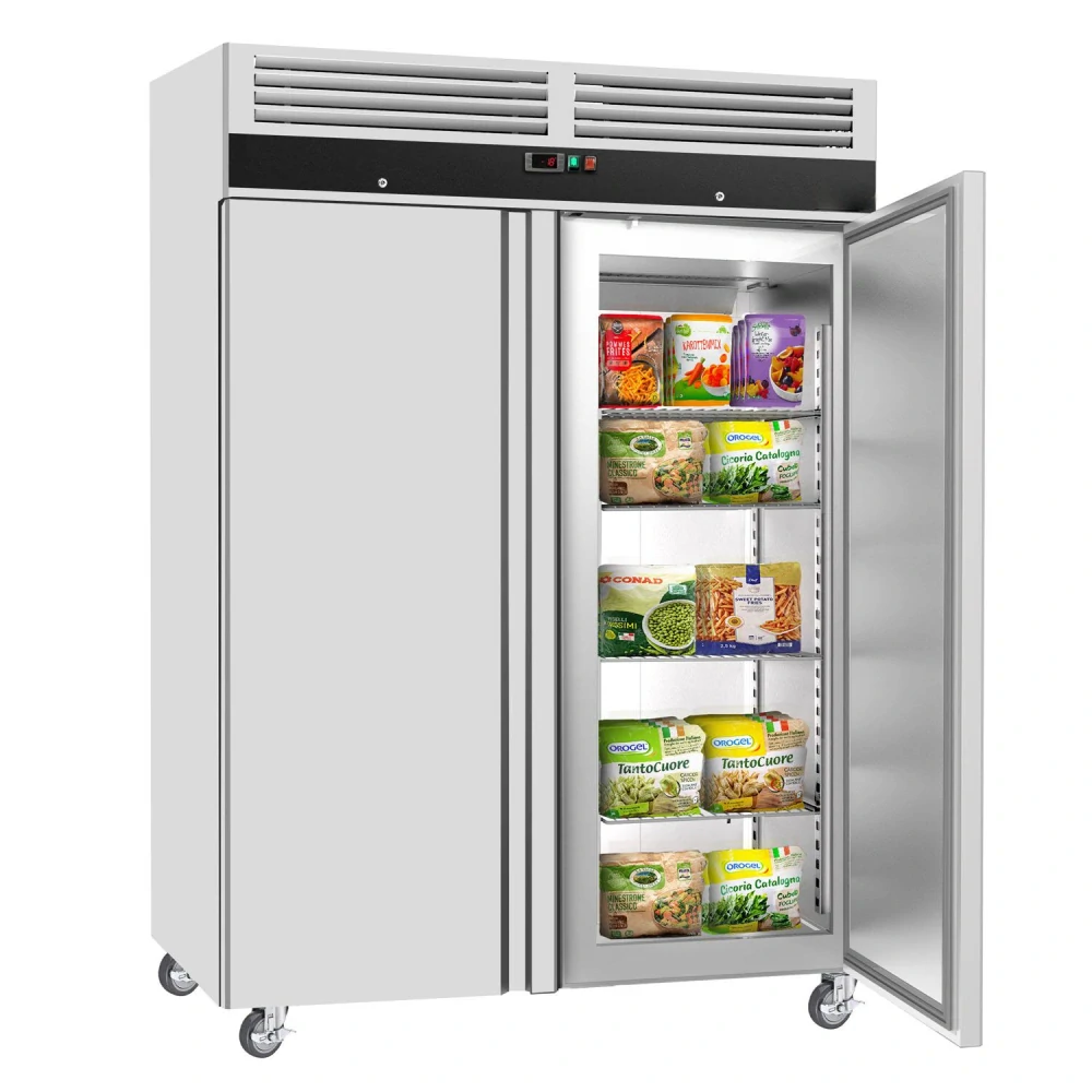Nerezová mrazicí skříň ECO - GN 2/1 - 1480 mm - 960 l - až -22 °C - s 2 dveře - Digitální termostat; Automatické odmrazování; Ventilované chlazení; Uzamykatelné dveře