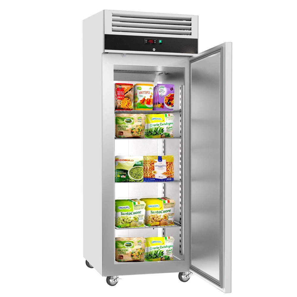 Nerezová mrazicí skříň ECO - GN 2/1 - 740 mm - 440 l - až -22 °C - s 1 dveře - Digitální termostat; Uzamykatelné dveře; Samozavírací dveře; Ventilované chlazení; Automatické odmrazování; Kolečka