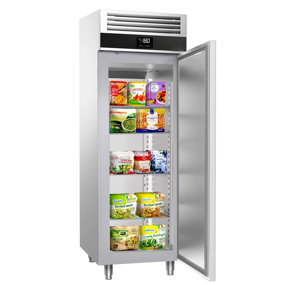 Nerezová mrazicí skříň PREMIUM - GN 2/1 - 700 mm - 700 l - až -20 °C až -12 °C - s 1 skleněné dveře - Digitální termostat; Samozavírací dveře; Ventilované chlazení; Automatické odmrazování; Vnitřní osvětlení