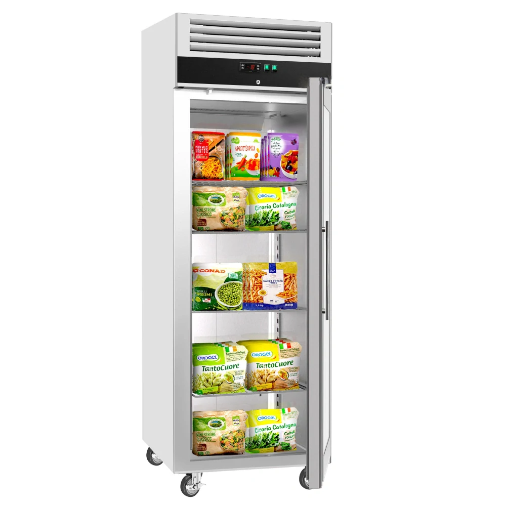Nerezová mrazicí skříň ECO - GN 1/1 - 740 mm - 600 l - až -22 °C - s 1 skleněné dveře - Digitální termostat; Vyhřívaný rám; Ventilované chlazení; Automatické odmrazování; Uzamykatelné dveře; Kolečka