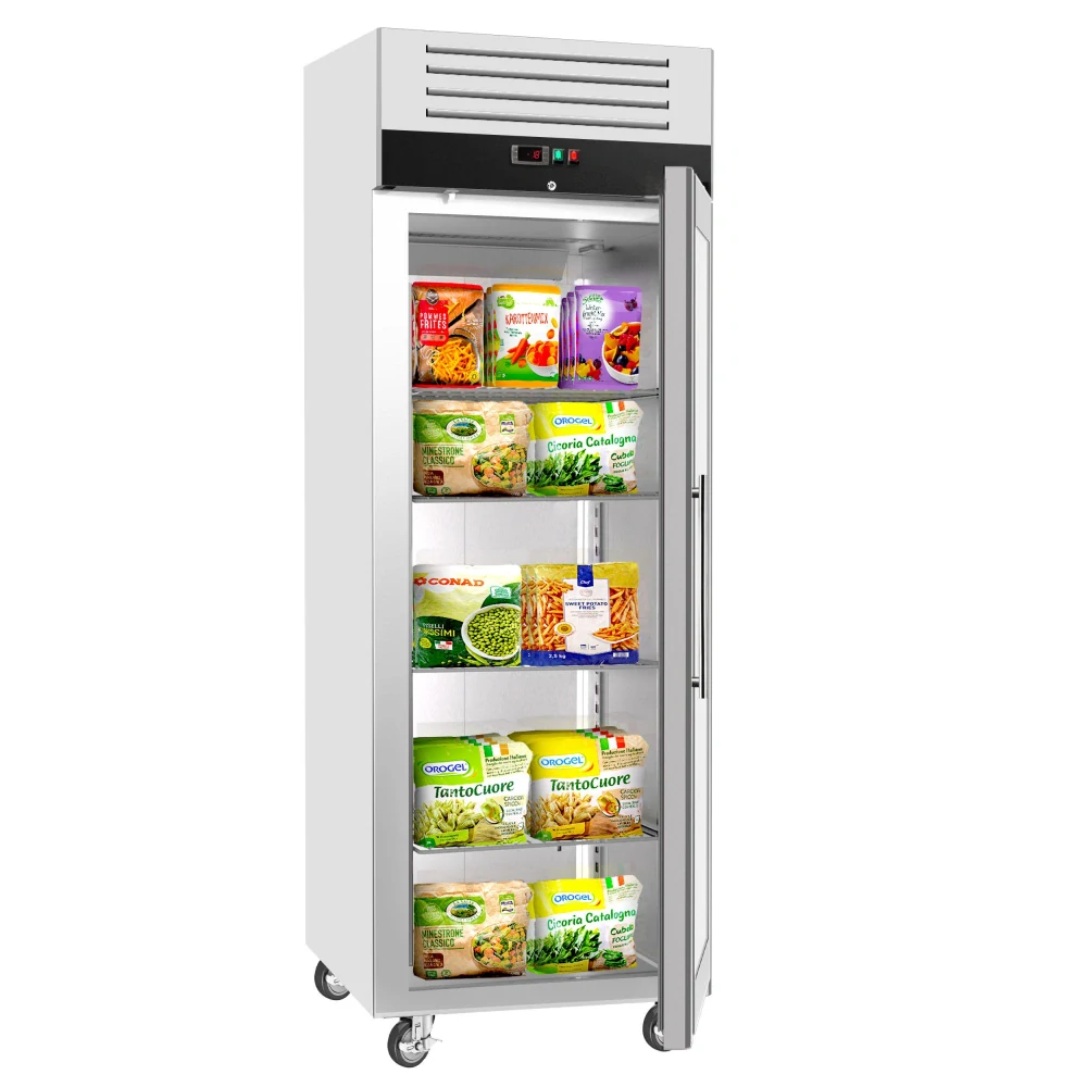 Nerezová mrazicí skříň ECO - GN 2/1 - 700 l - až -15 °C - s 1 skleněné dveře - Digitální termostat; Vyhřívaný rám; Ventilované chlazení; Automatické odmrazování; Uzamykatelné dveře