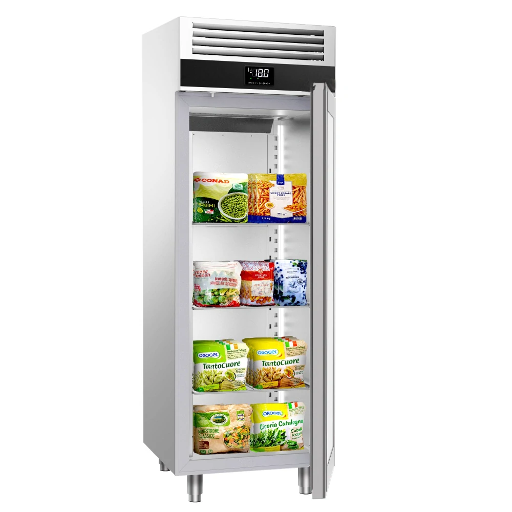 Nerezová mrazicí skříň PREMIUM - GN 2/1 - 700 mm - 700 l - až -20 °C - s 1 skleněné dveře - Digitální termostat; Samozavírací dveře; Automatické odmrazování; Ventilované chlazení