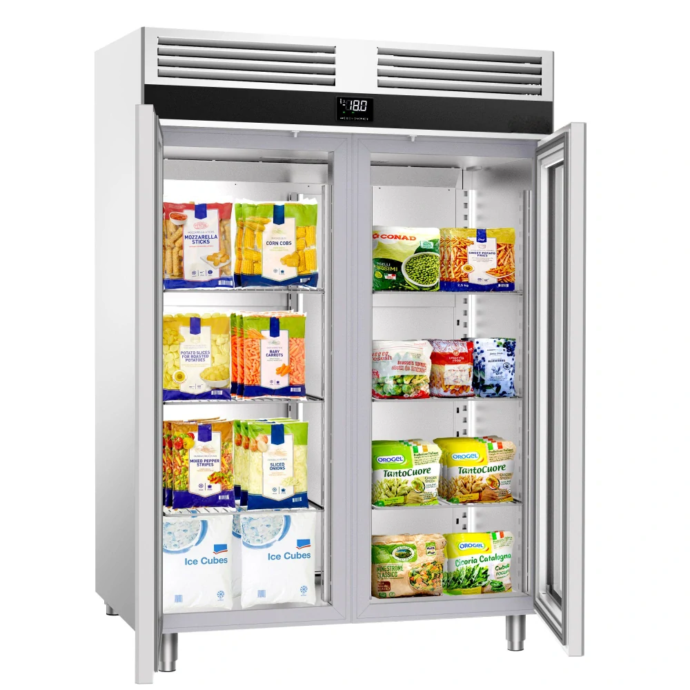 Nerezová mrazicí skříň PREMIUM - GN 2/1 - 1 400 l - až -20 °C - s 2 skleněné dveře - Digitální termostat; Samozavírací dveře; Ventilované chlazení; Automatické odmrazování