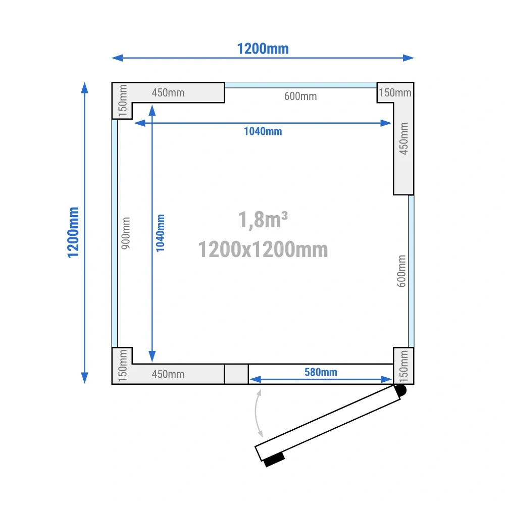 Chladicí box - 1200x1200 mm - 1,8 m³ - se 3 prosklenými stranami
