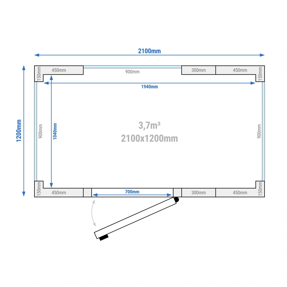 Chladicí box - 2100x1200 mm - 3,7 m³ - se 3 prosklenými stranami