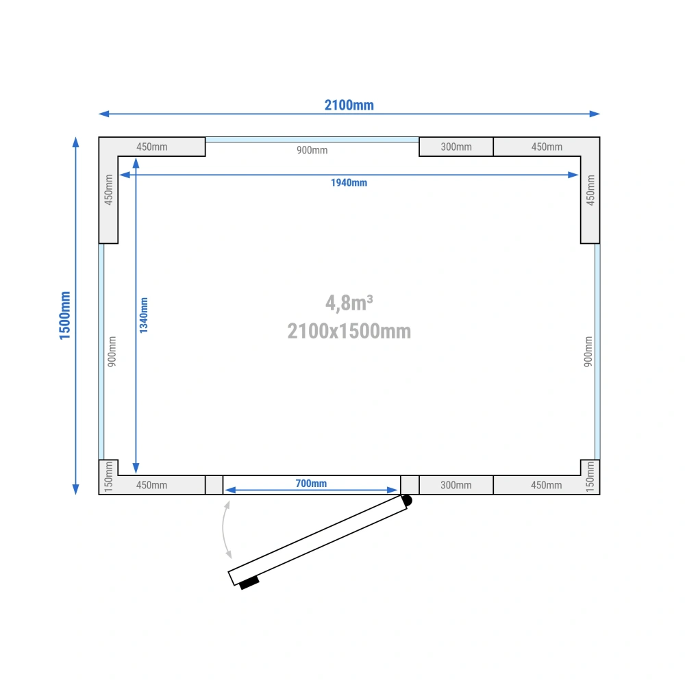 Chladicí box - 2100x1500 mm - 4,8 m³ - se 3 prosklenými stranami