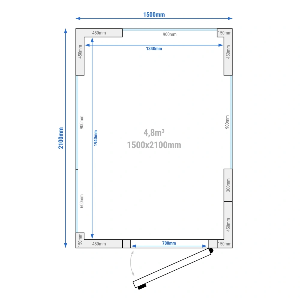 Chladicí box - 1500x2100 mm - 4,8 m³ - se 3 prosklenými stranami
