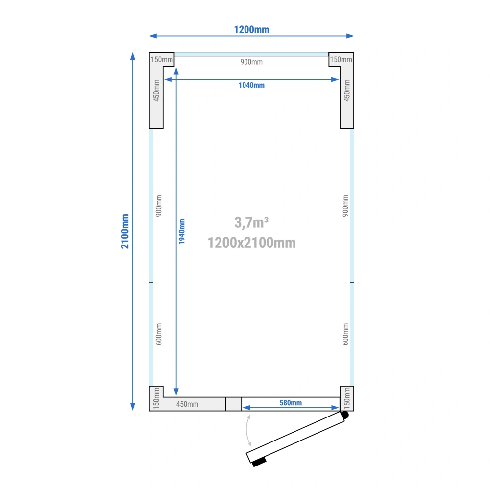 Chladicí box - 1200x2100 mm - 3,7 m³ - se 3 prosklenými stranami