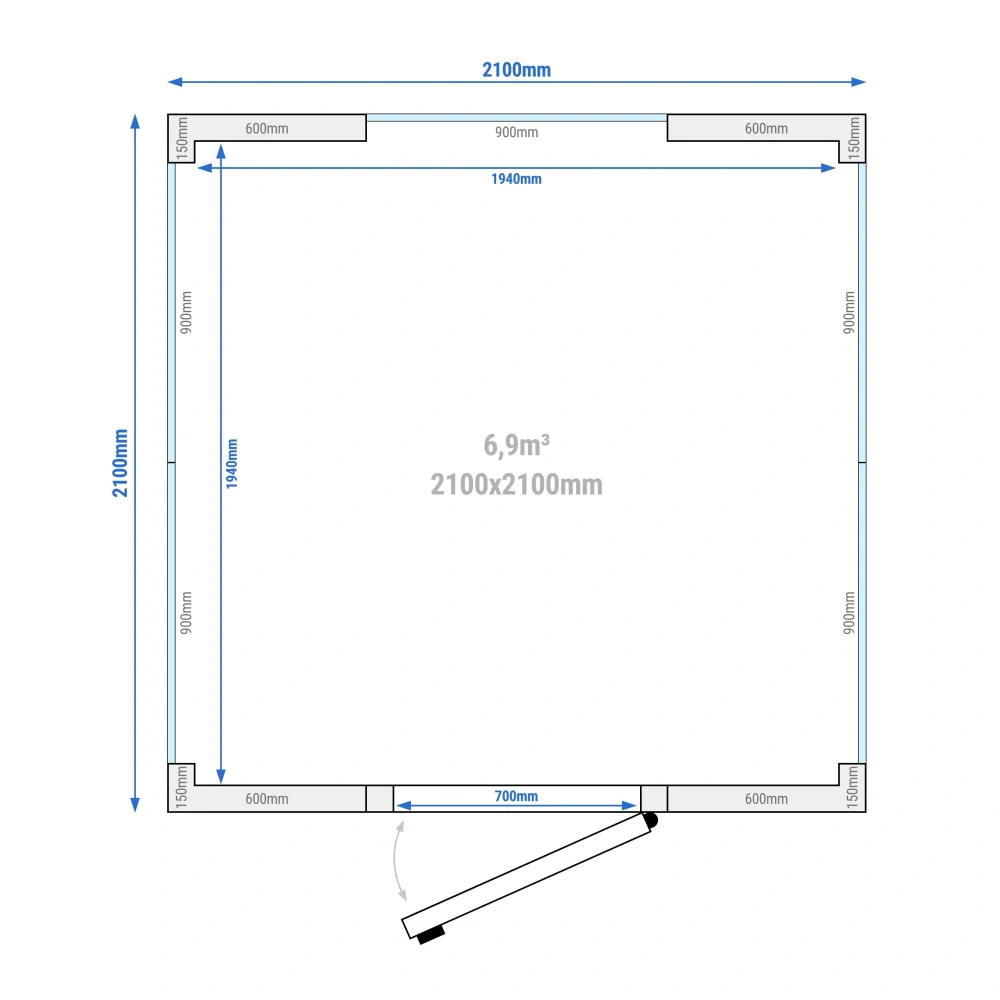 Chladicí box - 2100x2100 mm - 6,90 m³ - se 3 prosklenými stranami