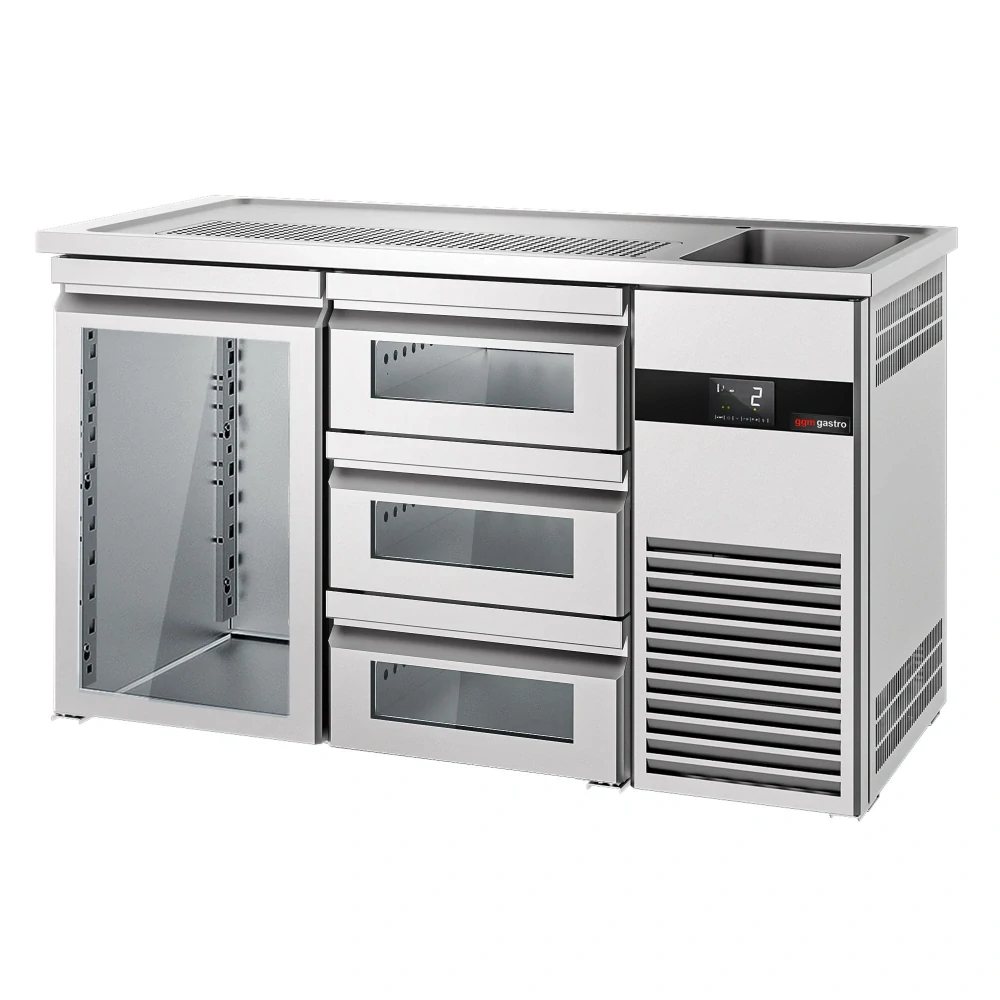 Výčepní pult PREMIUM - 1550x700 mm - 1 skleněné dveře & 3 skleněné zásuvky