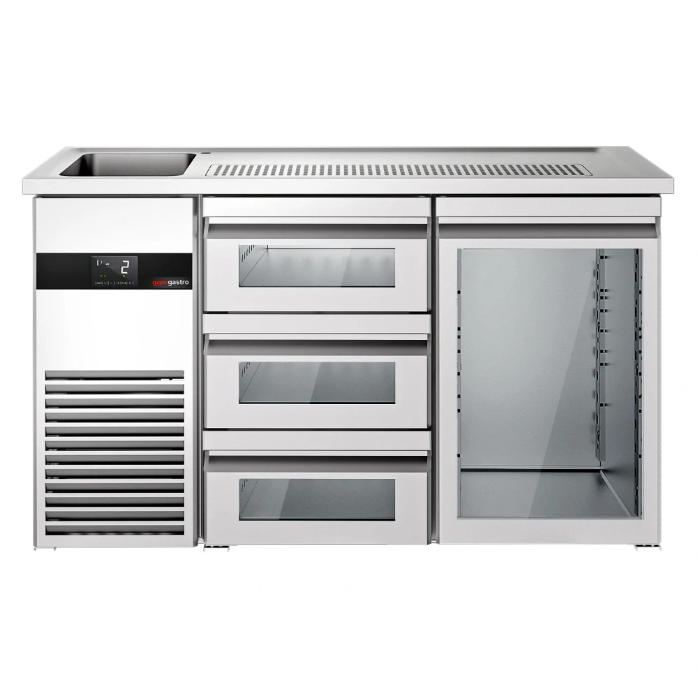Výčepní pult PREMIUM - 1550x700 mm - 1 skleněné dveře & 3 skleněné zásuvky