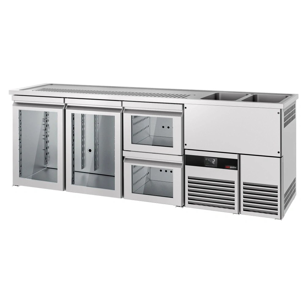 Výčepní pult PREMIUM - 2500x700 mm - 2 skleněné dveře & 2 skleněné zásuvky