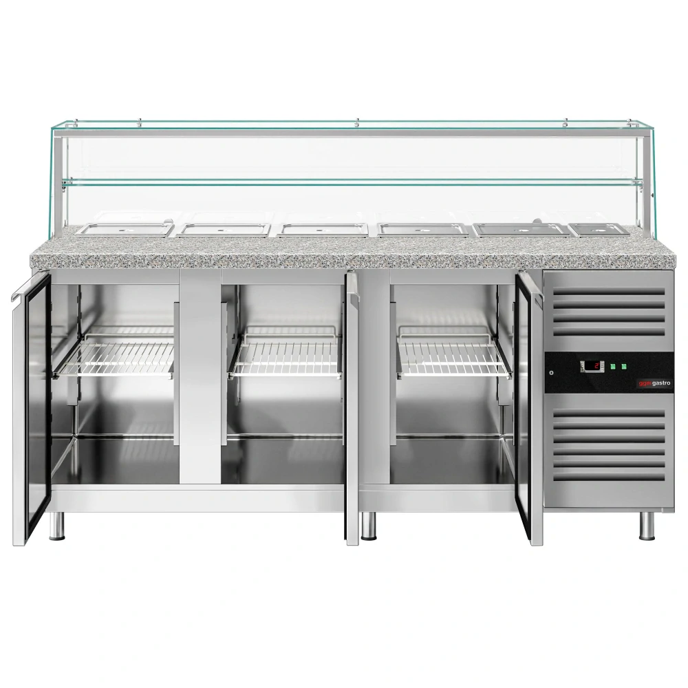 Saladeta PREMIUM - 2020 mm - 3 dveře - se skleněným nástavcem pro 5x GN 1/1 & 1x GN 2/4 & 1 police - žulová pracovní deska