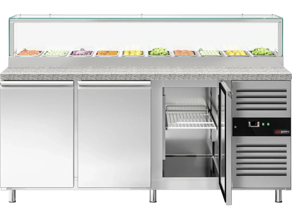 Saladeta PREMIUM - 2020 mm - 3 dveře - se skleněným nástavcem pro 10x GN 1/3 & 1 police - žulová pracovní deska
