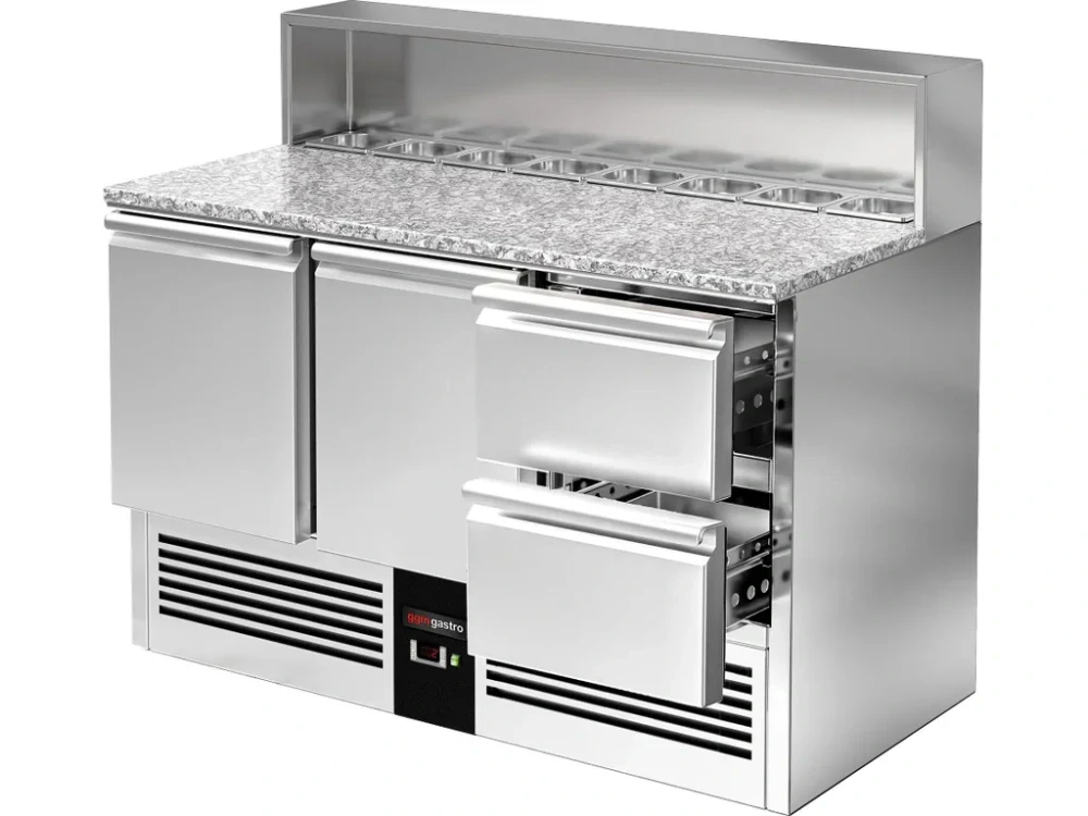 Saladeta PREMIUM - 1368 mm - 2 dveře & 2 zásuvky - s nerezovým krytem pro 8x GN 1/6 - žulová pracovní deska