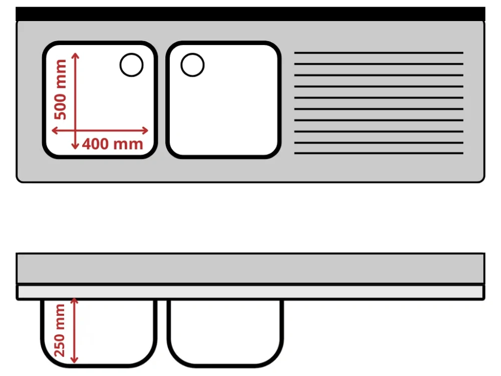 Nerezový dřez k myčce nádobí - 1,6 m, 2 umyvadla vlevo, hloubka 60 cm
