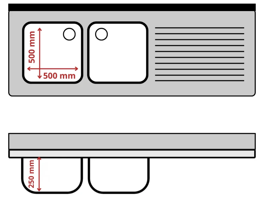 Nerezový dřez k myčce nádobí - 1,8 m, 2 umyvadla vlevo, hloubka 70 cm