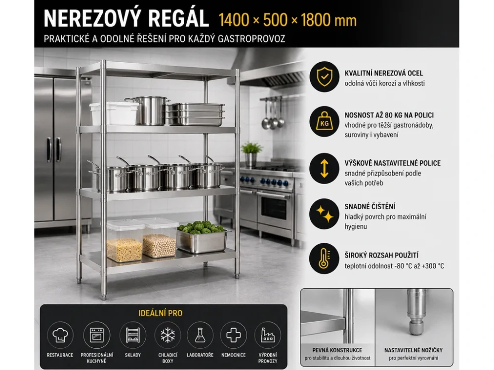 Regál z nerezové oceli 1400 x 500 x 1800 mm