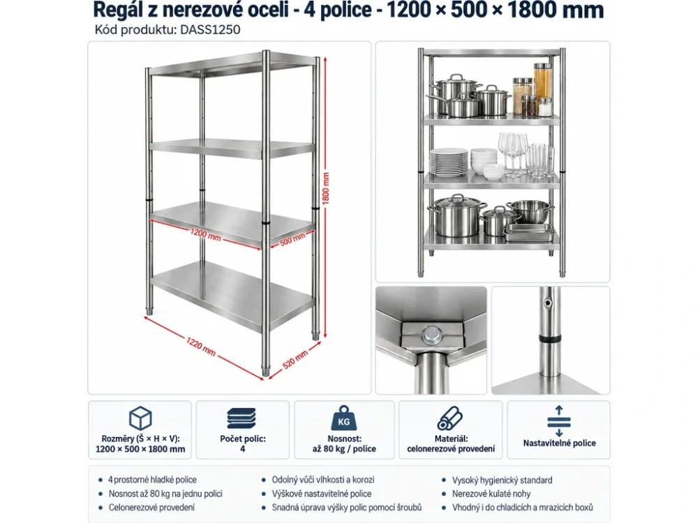 Regál z nerezové oceli - 4 police - 1 200 x 500 x 1 800 mm